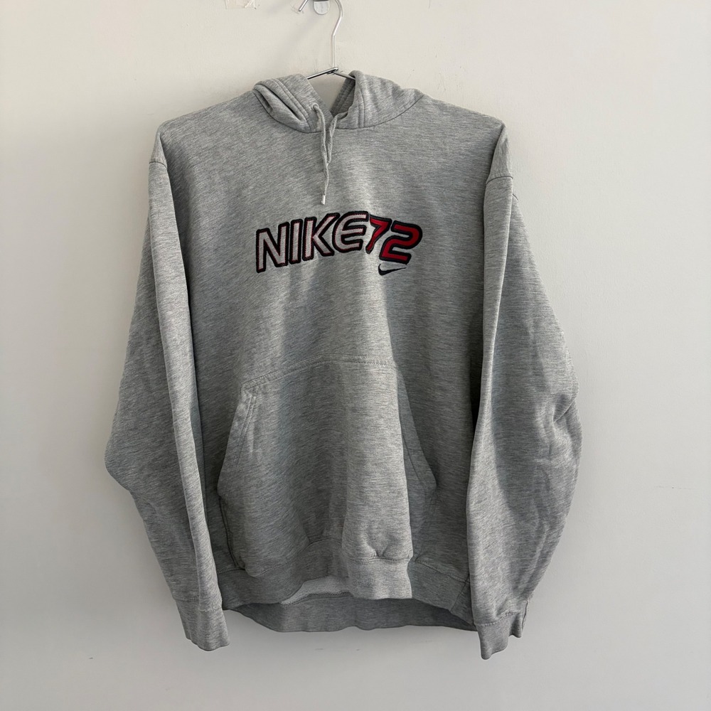 Nike 72 Spellout Swoosh Pullover Hoodie Heather Gray Mens Large